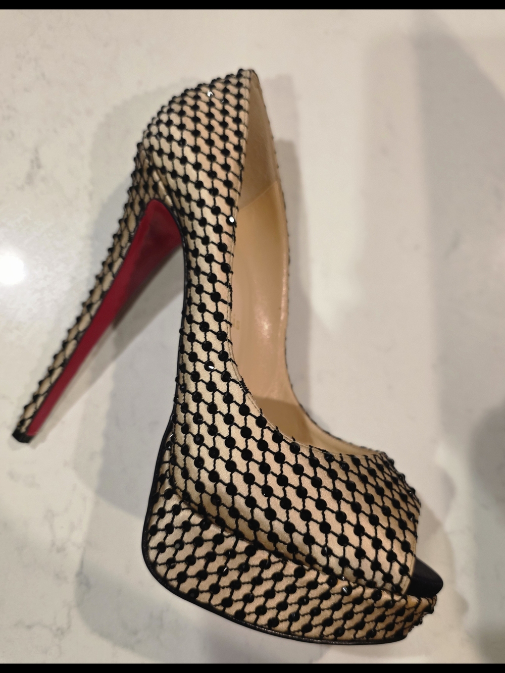 Christian Louboutin Satin Black Strass & Cream Peep-Toe Stiletto 150mm Heel 39.5